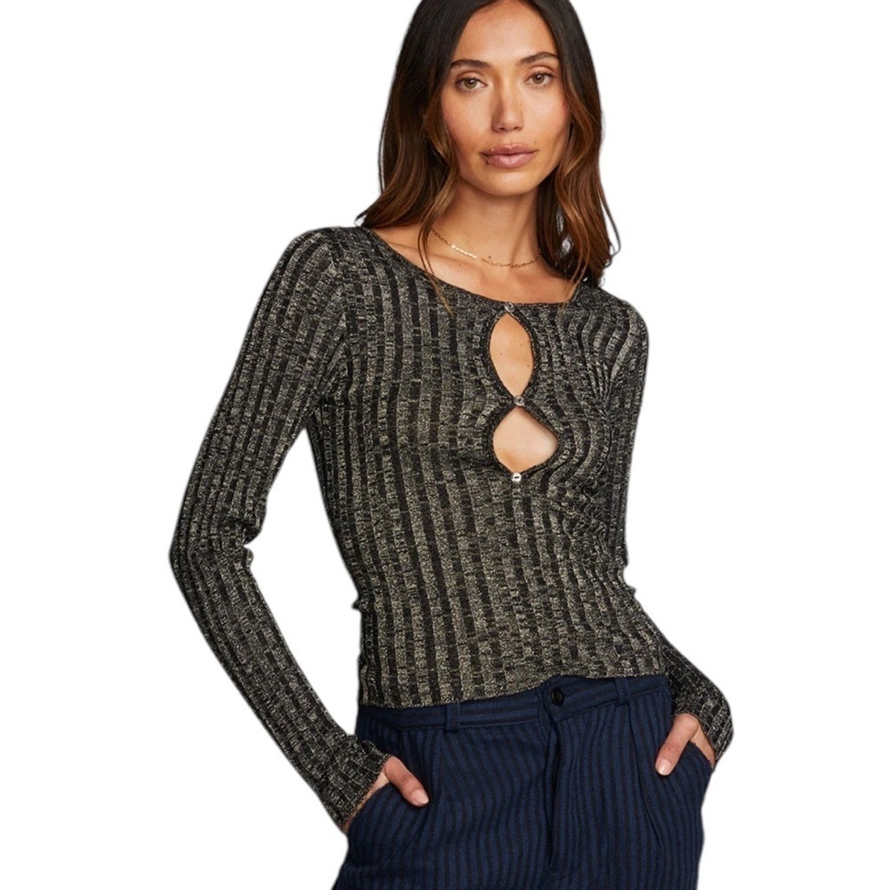 NEW CHASER Lurex Rib Knit Long Sleeve Top with Open Keyhole‎ Glittery Size Small